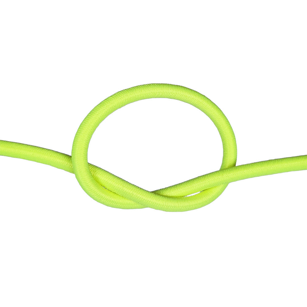 Neon yellow bungee cord with a knot on a white background