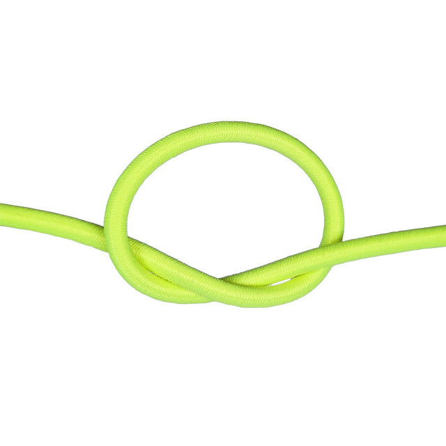 Neon yellow bungee cord with a knot on a white background