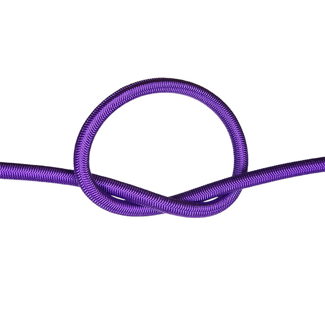Purple bungee cord with a knot on a white background