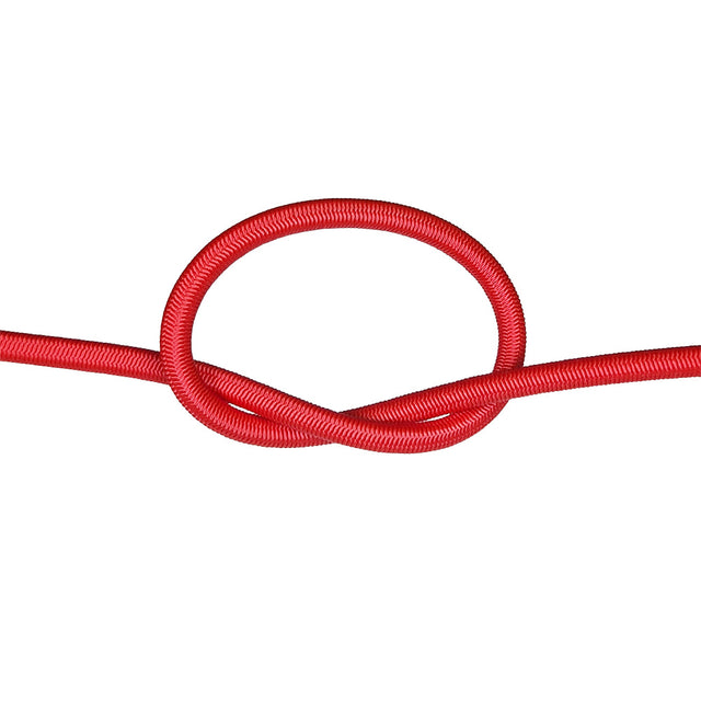 Red bungee cord with a knot on a white background