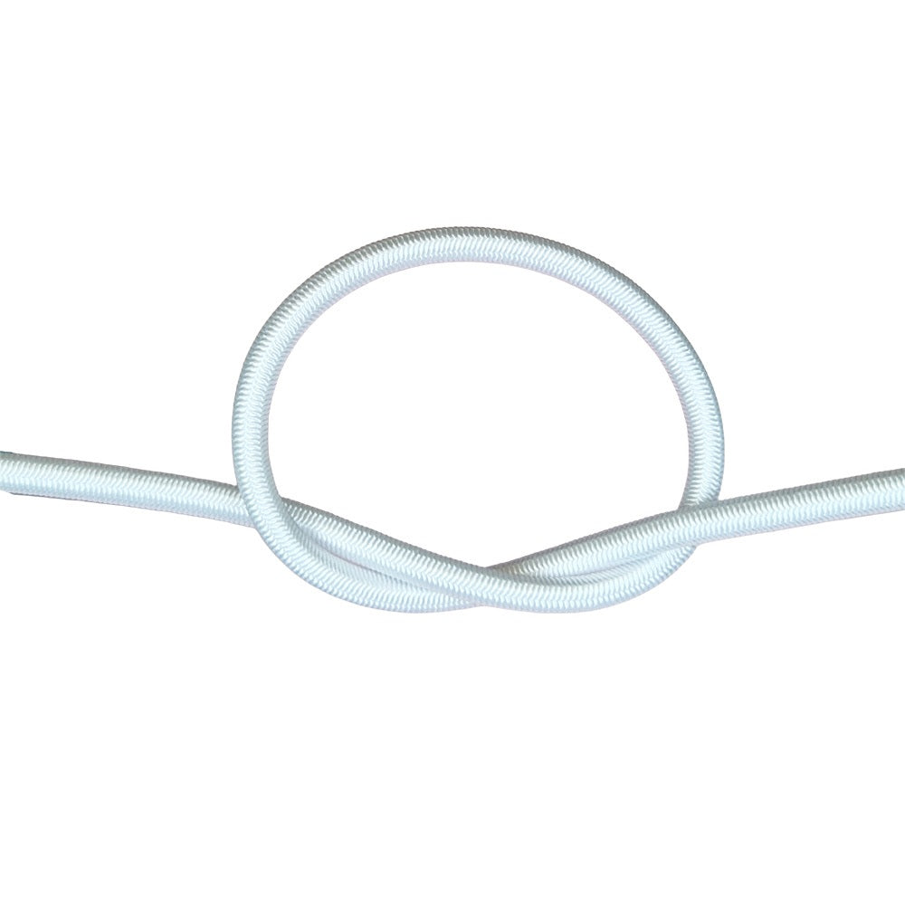White bungee cord with a knot on a white background