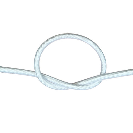 White bungee cord with a knot on a white background
