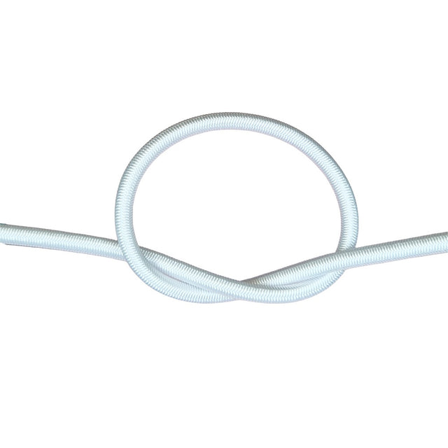 White bungee cord with a knot on a white background