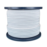 Spool of 6mm white bungee cord on a blue reel with a white background
