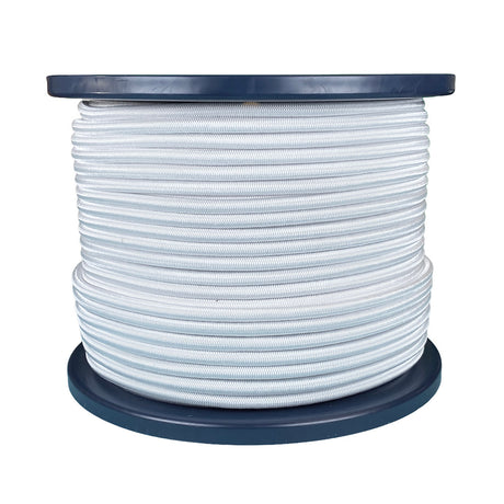Spool of 6mm white bungee cord on a blue reel with a white background