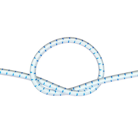 White with blue fleck bungee cord with a knot on a white background