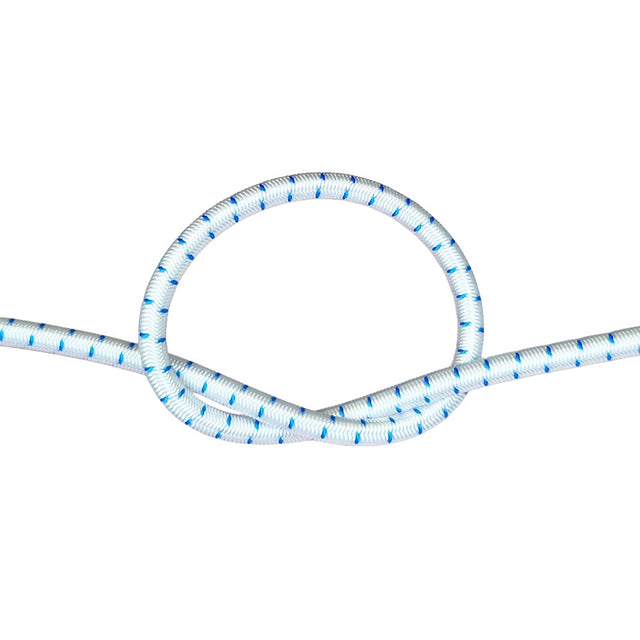 White with blue fleck bungee cord with a knot on a white background