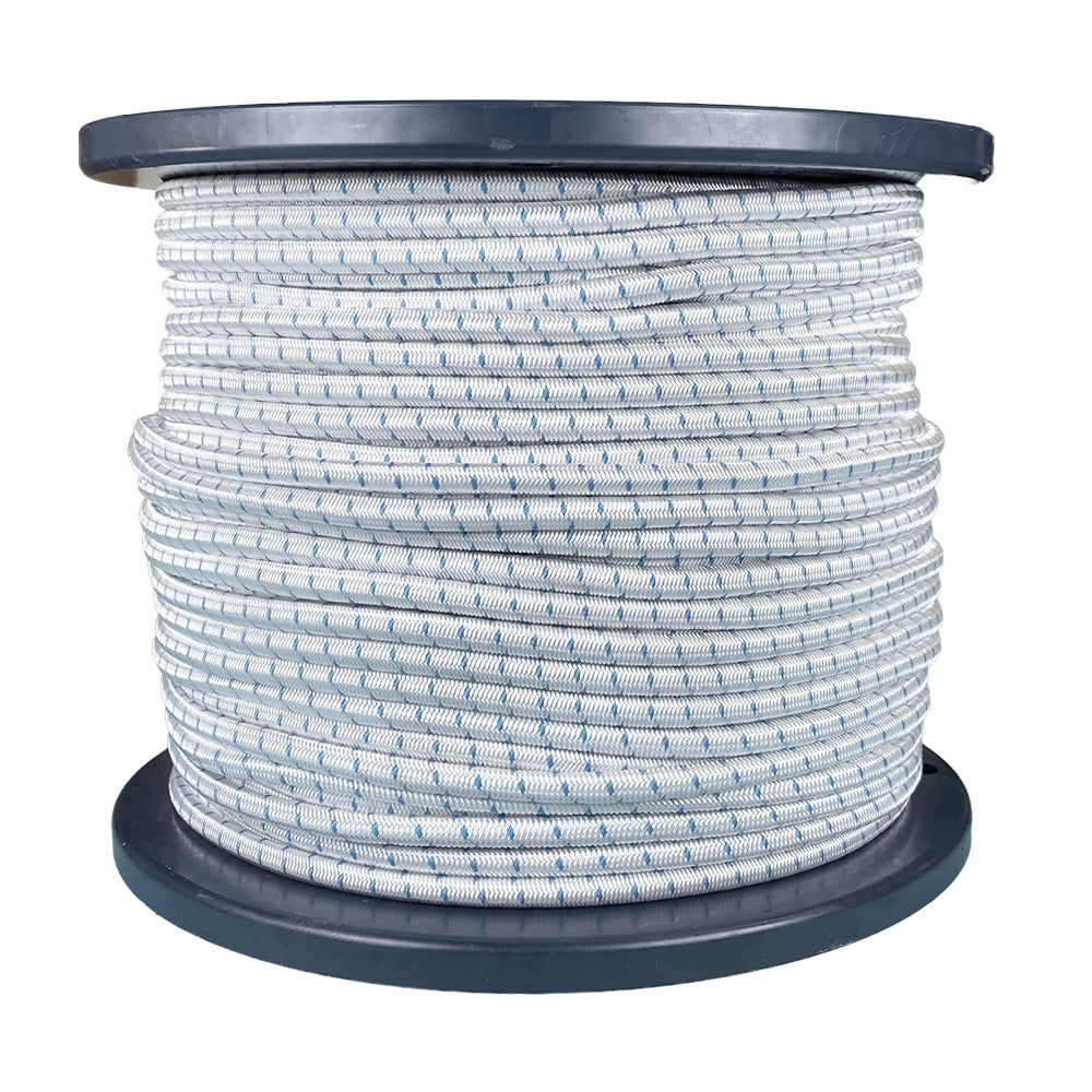 Spool of 6mm white bungee cord with a blue fleck on a blue reel against a white background