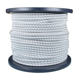 Spool of 6mm white bungee cord with a blue fleck on a blue reel against a white background