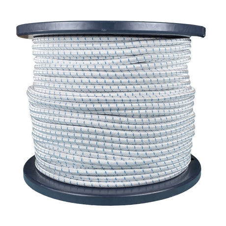 Spool of 6mm white bungee cord with a blue fleck on a blue reel against a white background