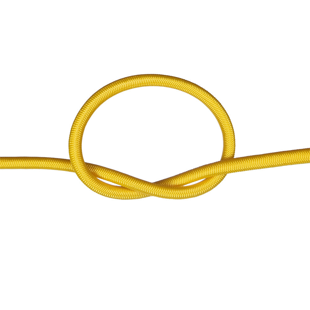 Yellow bungee cord with a knot on a white background