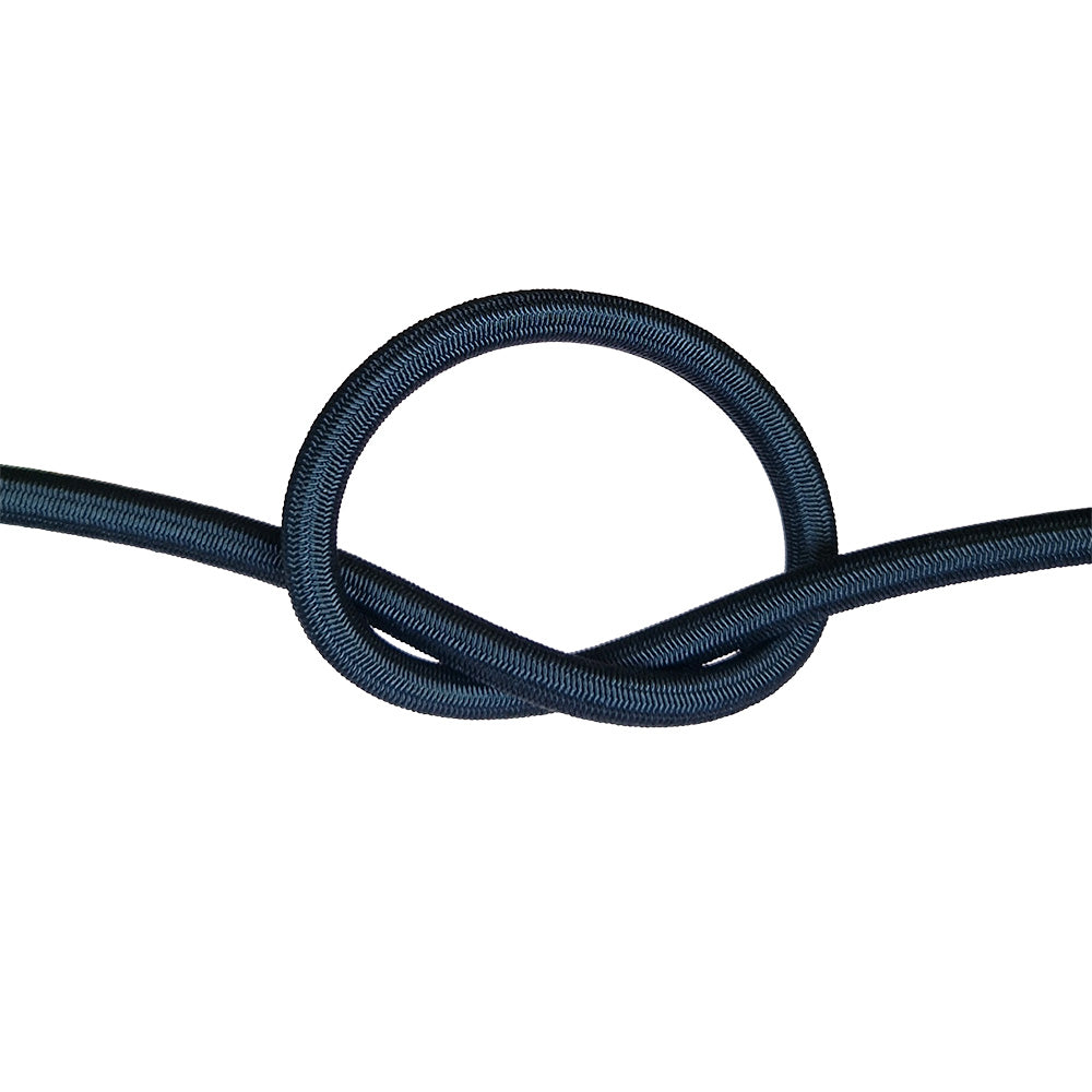 Black bungee cord with a knot on a white background