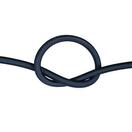 Black bungee cord with a knot on a white background