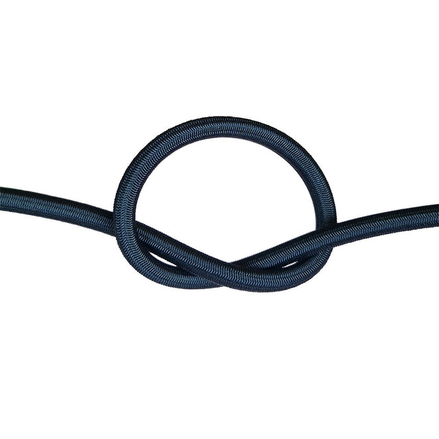 Black bungee cord with a knot on a white background