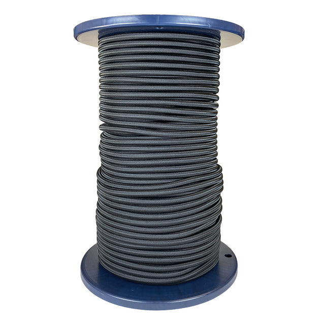 Spool of 7mm black bungee cord on a blue reel with a white background