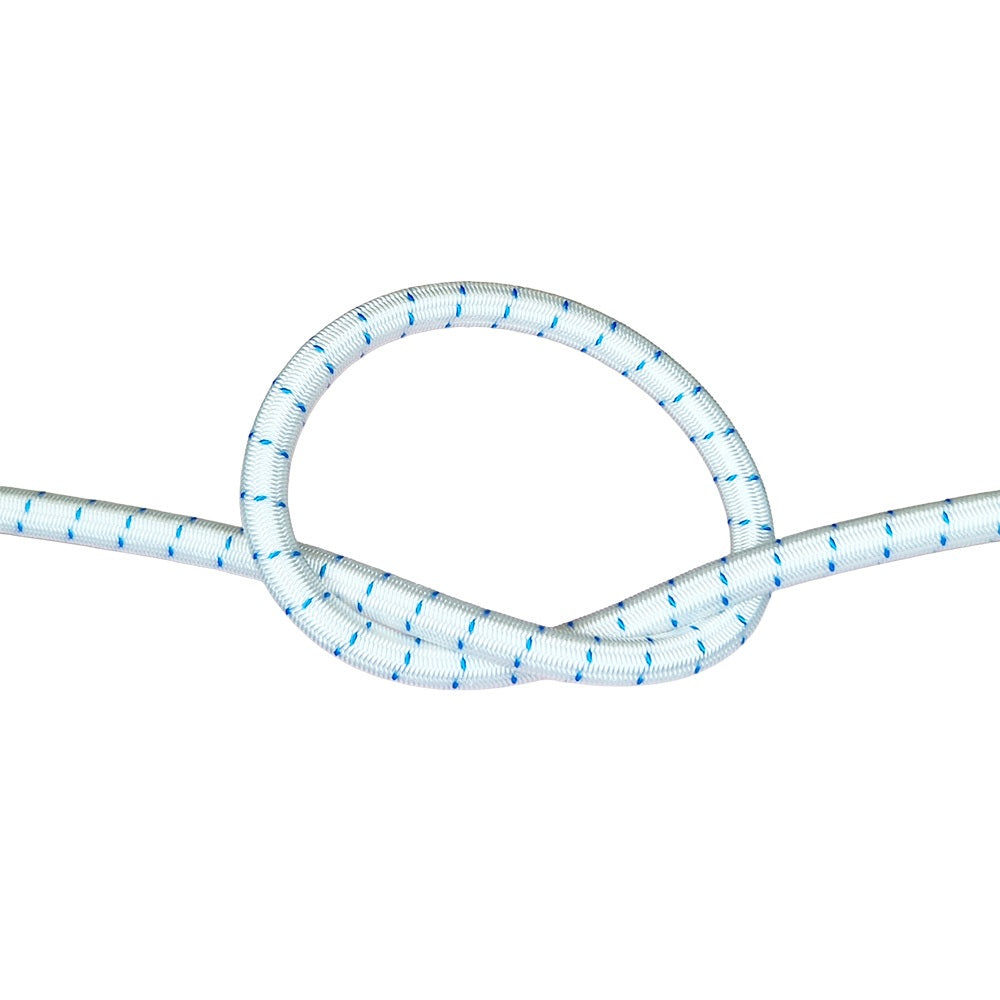 White with blue fleck bungee cord with a knot on a white background
