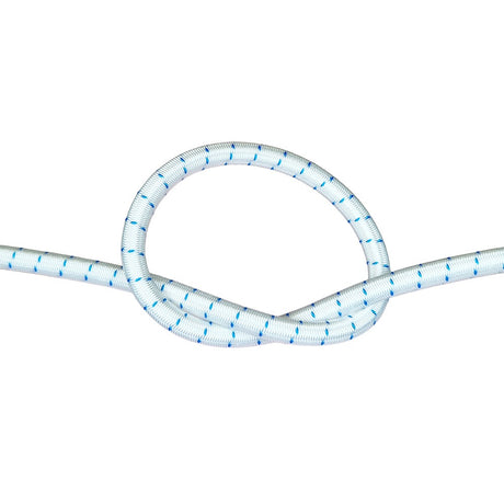 White with blue fleck bungee cord with a knot on a white background