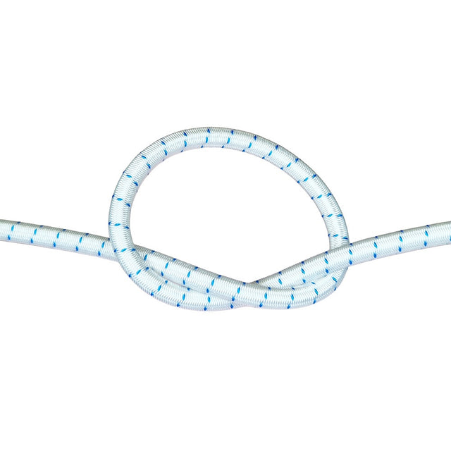 White with blue fleck bungee cord with a knot on a white background