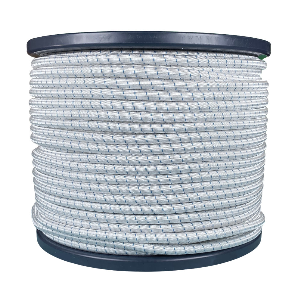 Spool of 7mm white bungee cord with a blue fleck on a blue reel against a white background