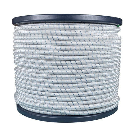 Spool of 7mm white bungee cord with a blue fleck on a blue reel against a white background