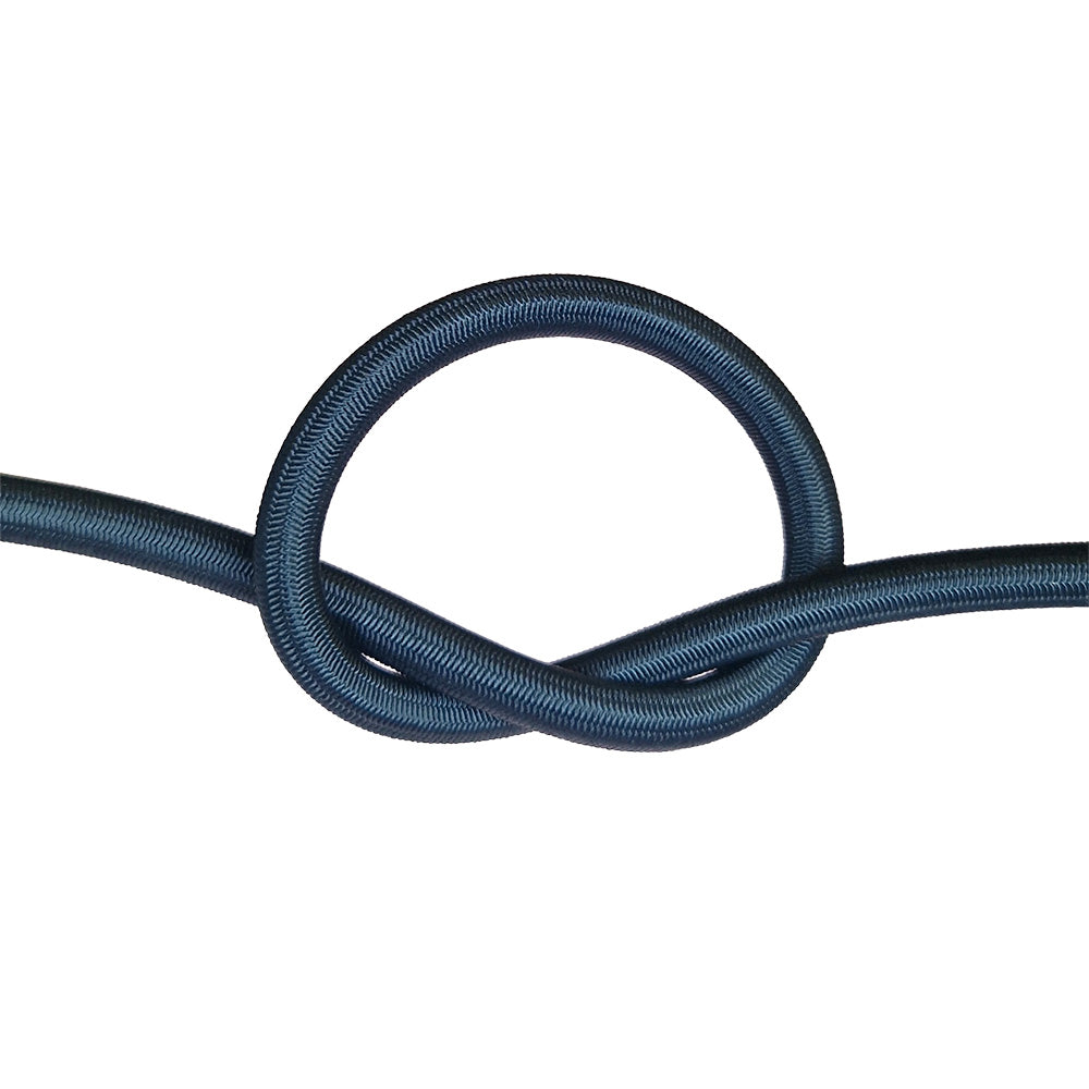 Black bungee cord with a knot on a white background