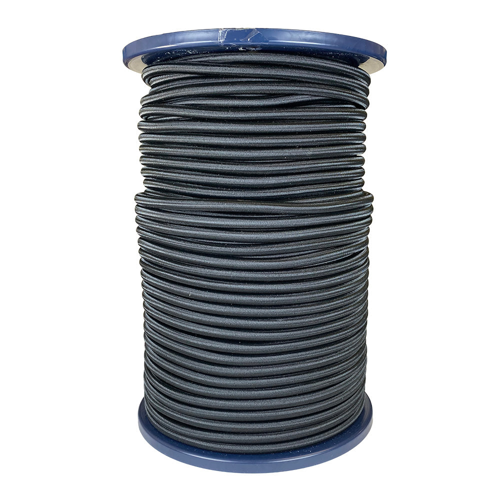 Spool of 8mm black bungee cord on a blue reel with a white background