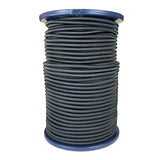 Spool of 8mm black bungee cord on a blue reel with a white background