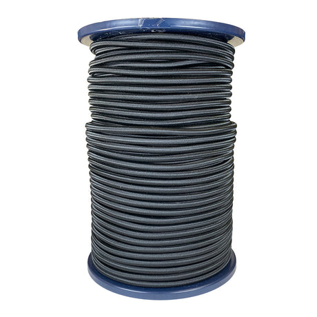Spool of 8mm black bungee cord on a blue reel with a white background