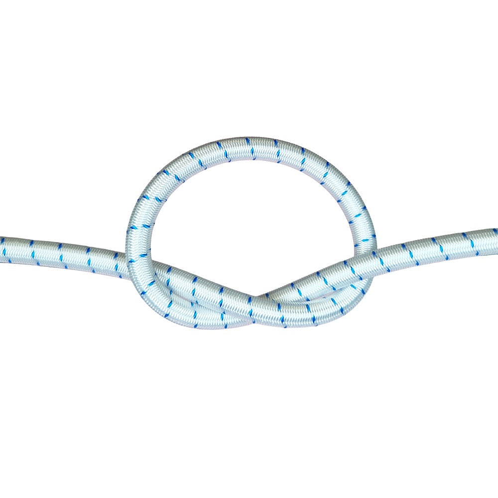 White with blue fleck bungee cord with a knot on a white background