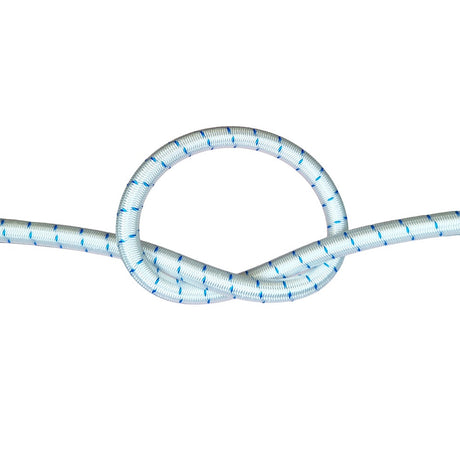 White with blue fleck bungee cord with a knot on a white background