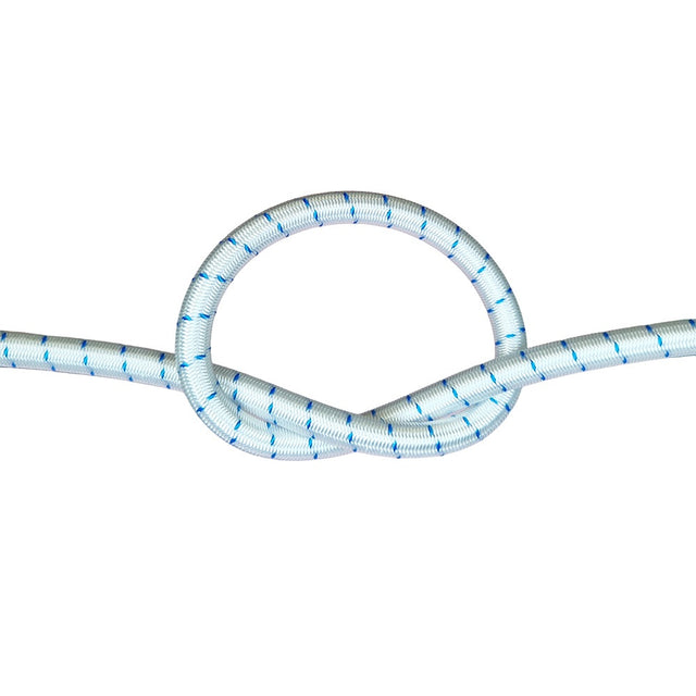 White with blue fleck bungee cord with a knot on a white background