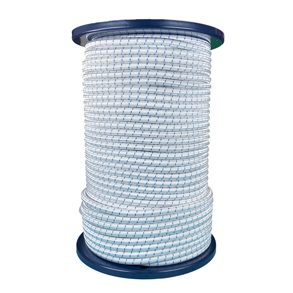 Spool of 8mm white bungee cord with a blue fleck on a blue reel against a white background