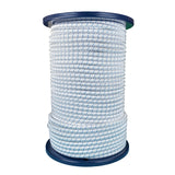 Spool of 8mm white bungee cord with a blue fleck on a blue reel against a white background
