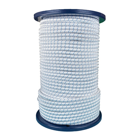 Spool of 8mm white bungee cord with a blue fleck on a blue reel against a white background