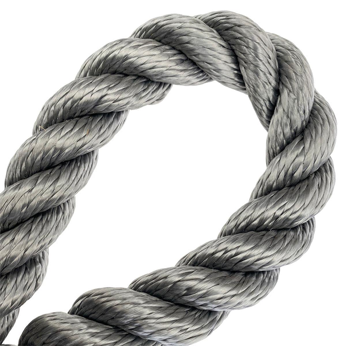 Close-up of a silver grey rope in a loop on a white background
