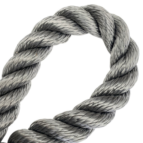 Close-up of a silver grey rope in a loop on a white background