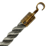 Grey rope with a brass-colored hook on a white background