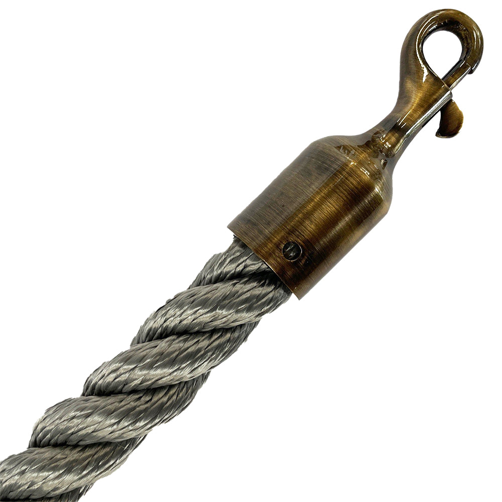 Grey rope with a metal hook on a white background