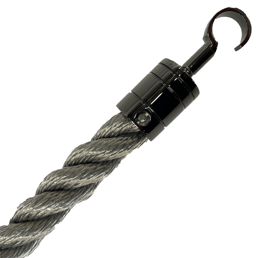 Grey rope with a black hook on a white background