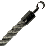 Grey rope with a black hook on a white background