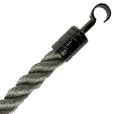 Grey rope with a black hook on a white background