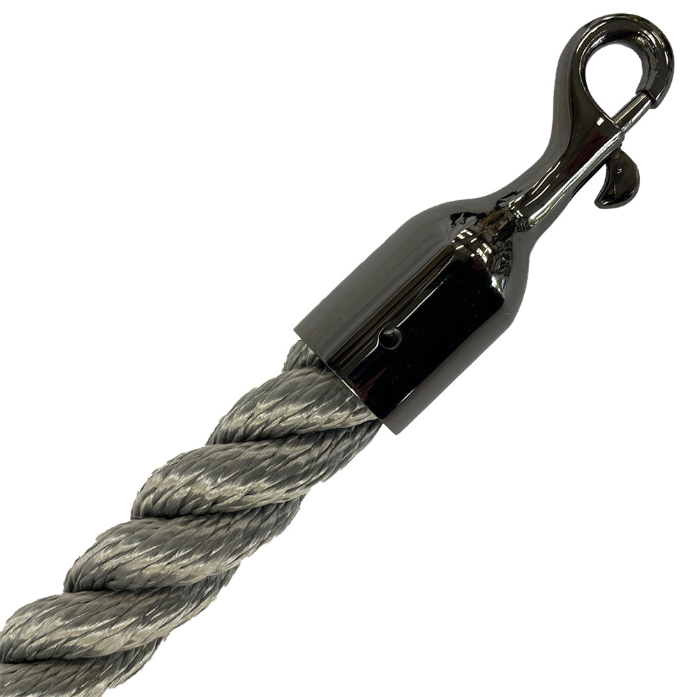 Gray rope with a metal hook on a white background