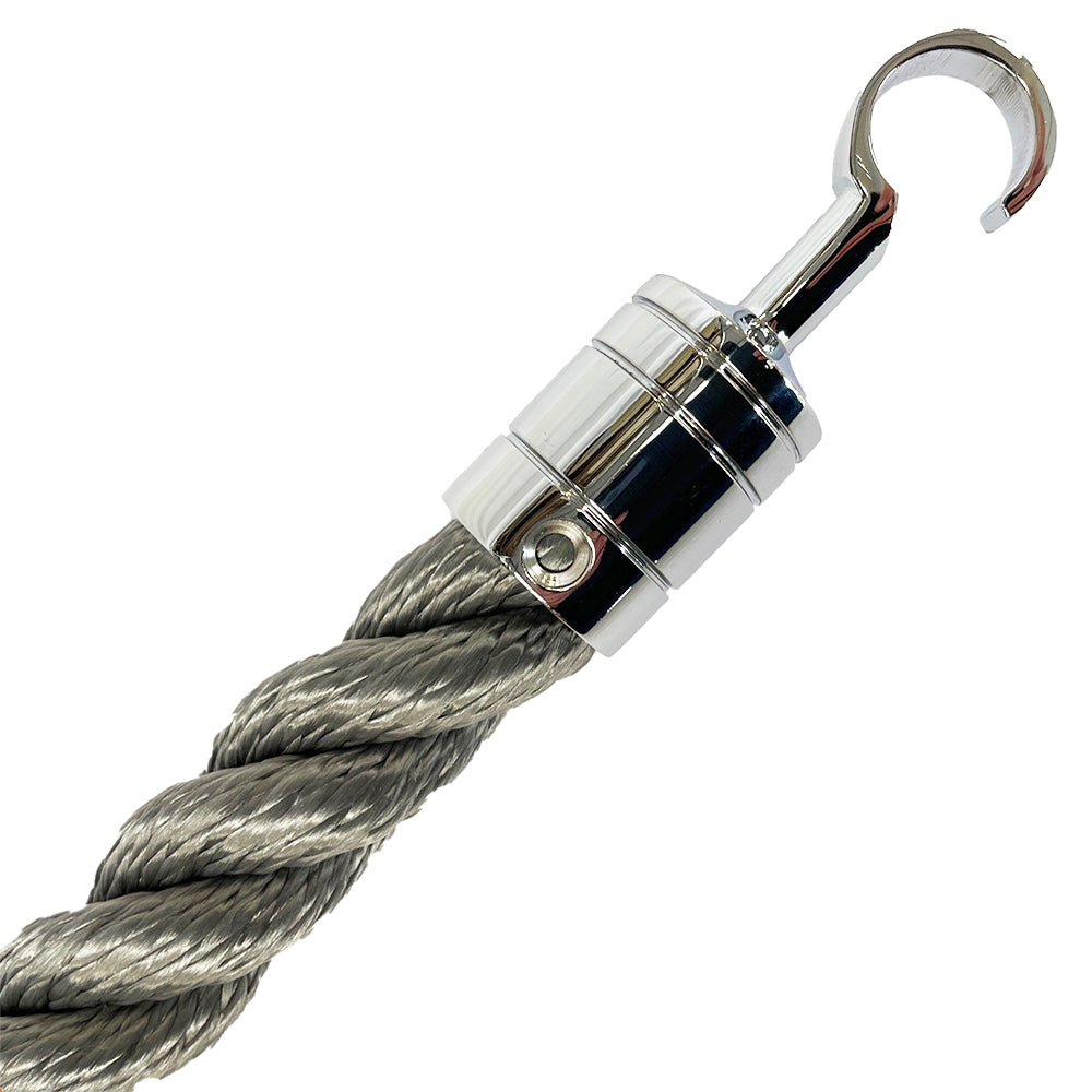 Grey rope with a silver hook on a white background
