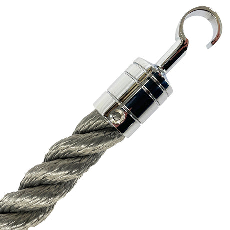 Grey rope with a silver hook on a white background