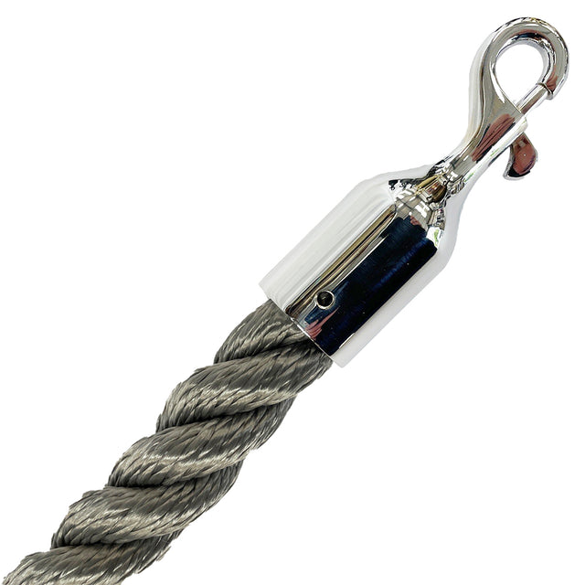Grey rope with a metal hook on a white background