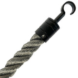 Grey rope with a black hook on a white background