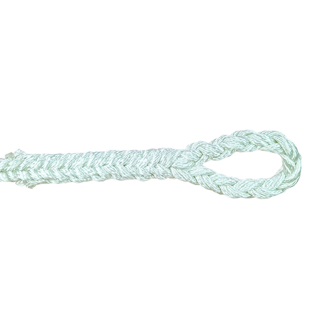 Close-up of an eye splice in 8-strand white nylon rope