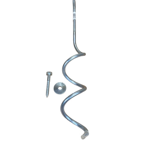 Steel Spiral Ground Anchor Screw for securing Children's Activity Frames or Christmas Trees to the ground. Also for temporary boat mooring and dog tethering where light weight screws are not strong enough on a white background.
