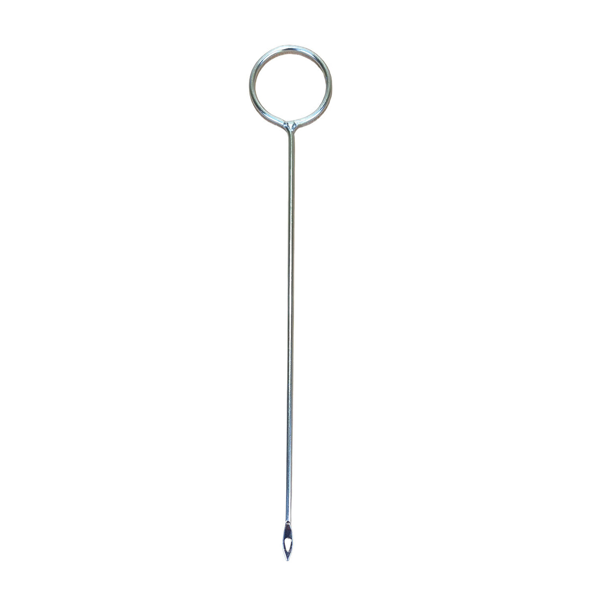 A stainless steel splicing needle with a circular loop handle and a pointed tip, shown vertically on a plain white background.
