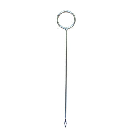 A stainless steel splicing needle with a circular loop handle and a pointed tip, shown vertically on a plain white background.